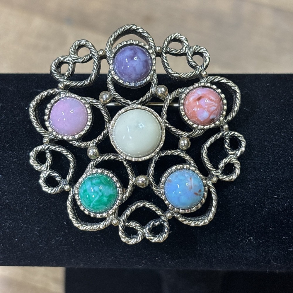 Vintage Sarah Coventry Festival Brooch 1970s Pastel Cabochon Silver Tone